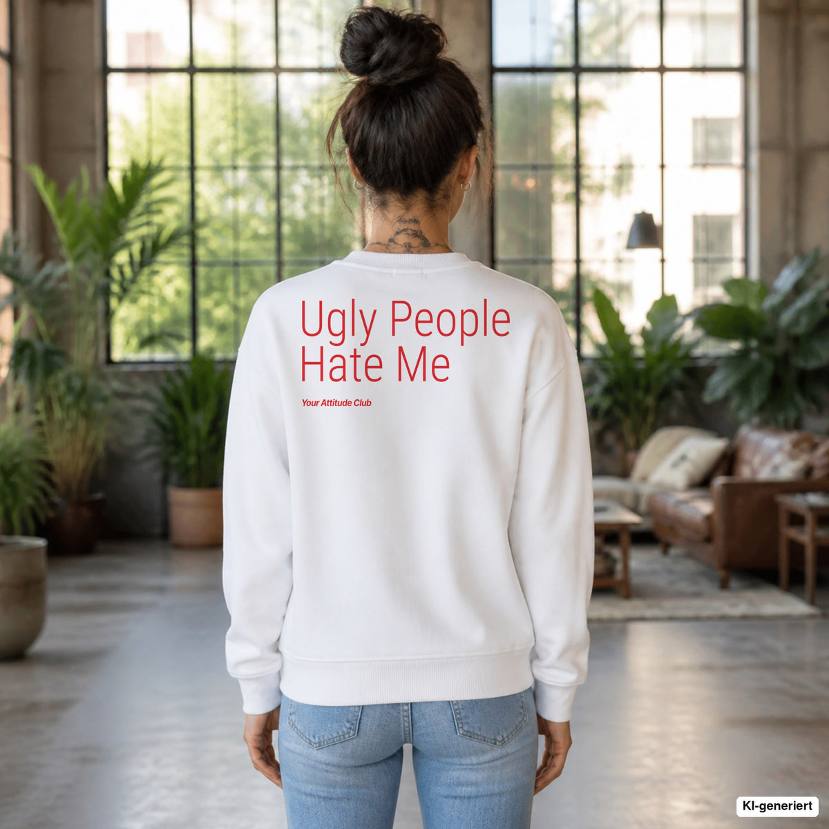 Ugly people hate me – weißer Pullover mit rotem Backprint, Damen im Loft