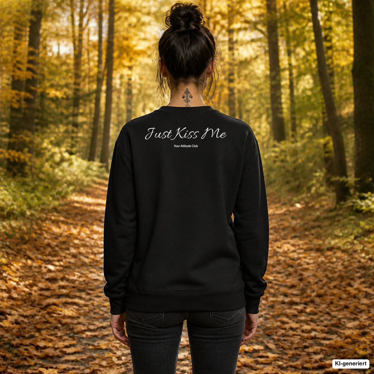 Just kiss me – schwarzer Pullover mit weißem Backprint, Damen beim Herbstspaziergang