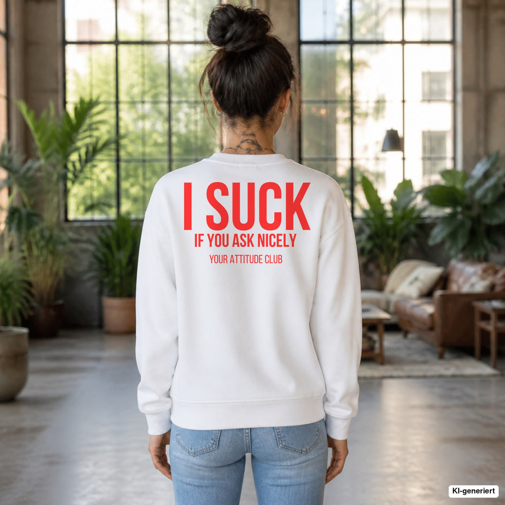 I suck if you ask nicely – weißer Pullover mit rotem Backprint, Damen im Loft