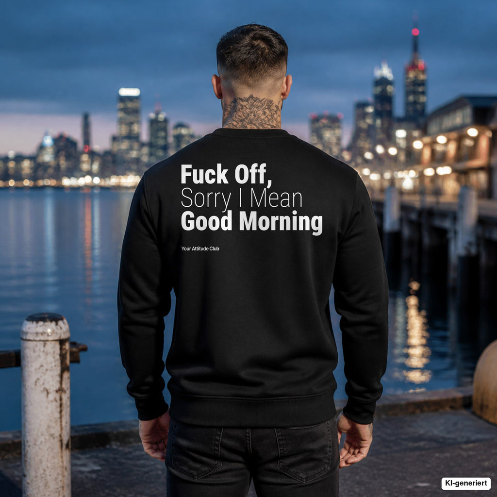 Fuck off, sorry I mean good morning – schwarzer Pullover mit weißem Backprint, Herren am Hafen