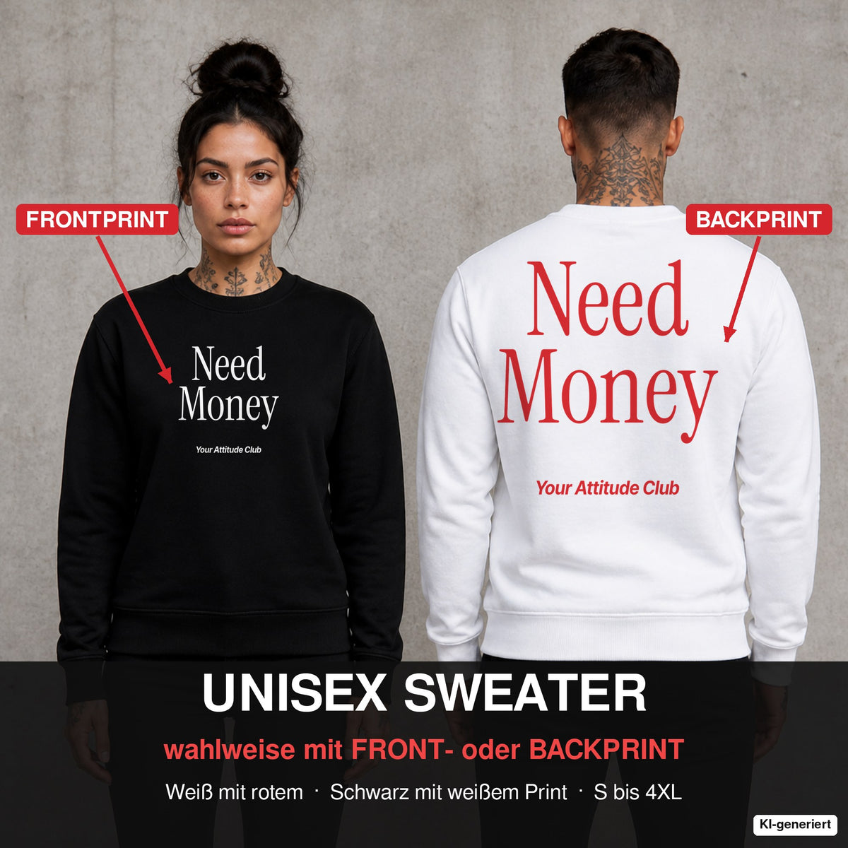 Need money – Pullover wahlweise mit Front- oder Backprint, Paar vor Betonwand