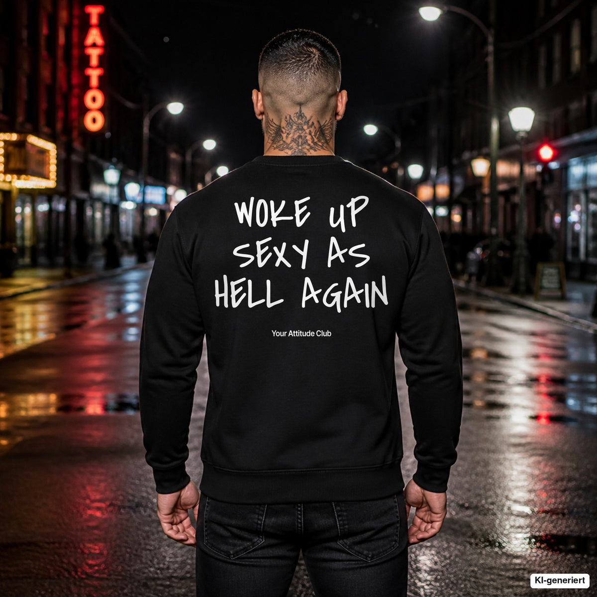 Woke up sexy as hell again – schwarzer Pullover mit weißem Backprint, Herren in der Stadt bei Nacht