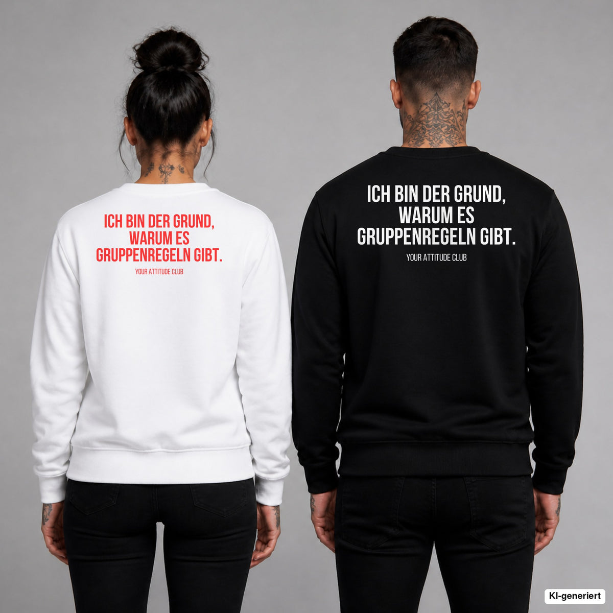 Ich bin der Grund, warum es Gruppenregeln gibt – Pullover mit Backprint, Frau in Weiß mit rotem und Mann in Schwarz mit weißem Aufdruck
