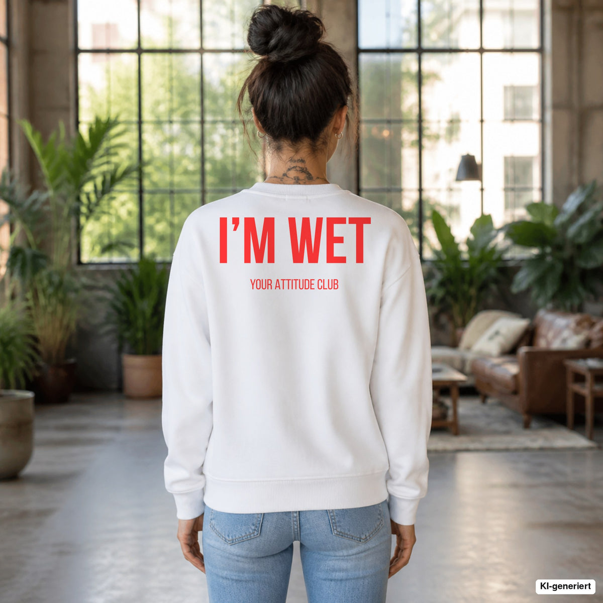 I’M WET – weißer Pullover mit rotem Backprint, Damen im Loft