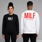 MILF – Pullover unisex mit Frontprint (Frau, Schwarz) und Backprint (Mann, Weiß)