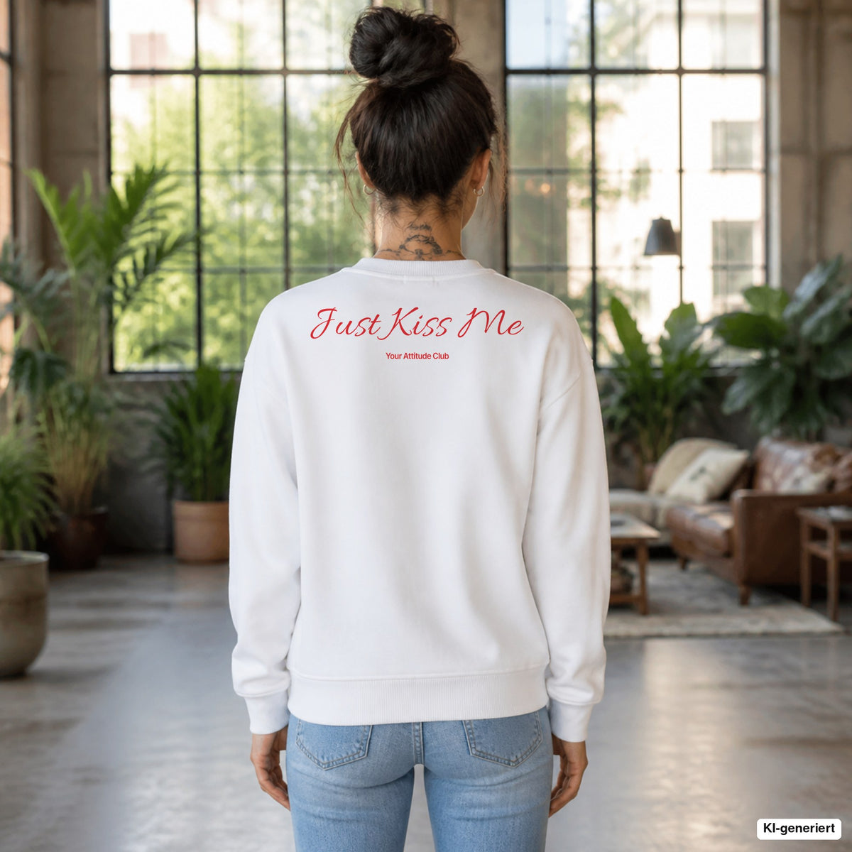 Just kiss me – weißer Pullover mit rotem Backprint, Damen im Loft