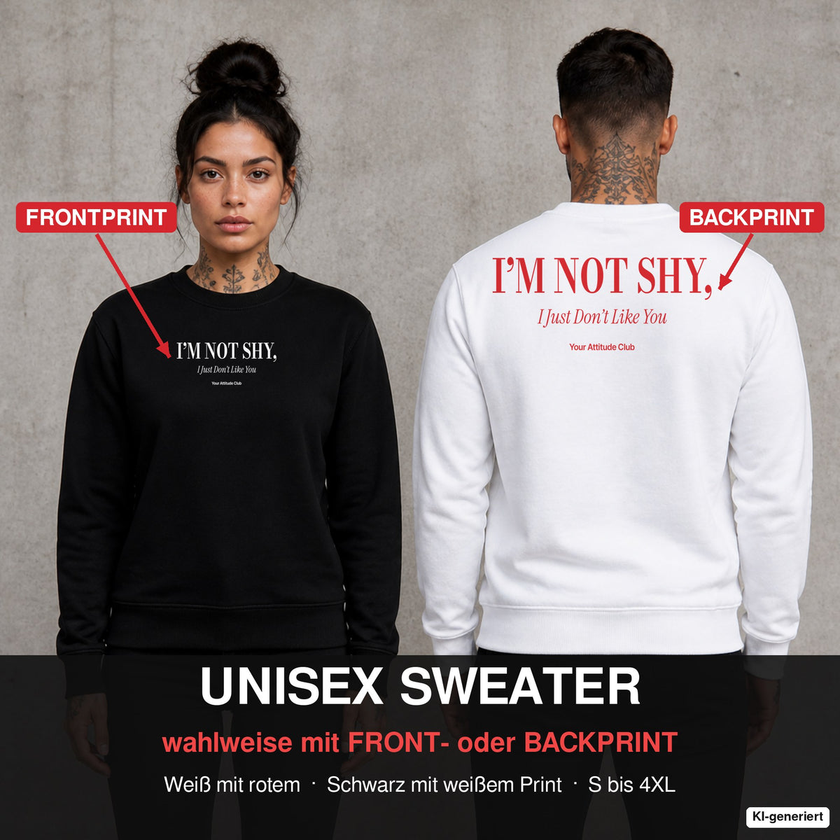 I’m not shy, I just don’t like you – Pullover wahlweise mit Front- oder Backprint, Paar vor Betonwand