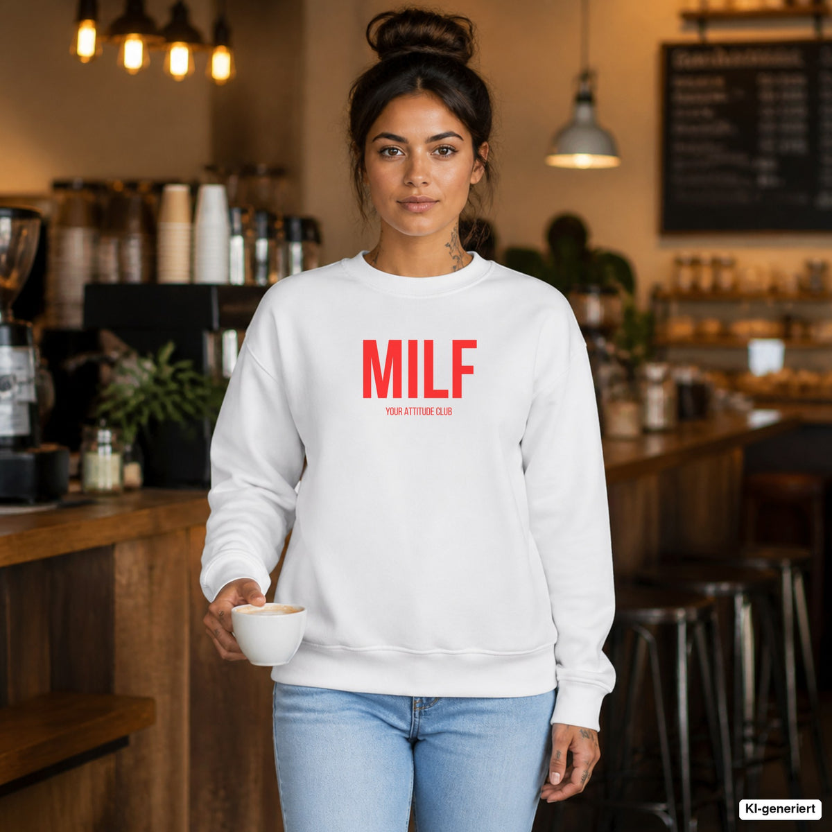 MILF – weißer Pullover mit rotem Frontprint, Damen im Café