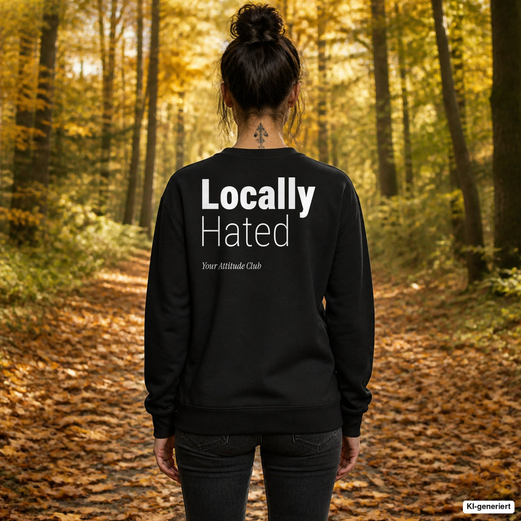 Locally hated – schwarzer Pullover mit weißem Backprint, Damen beim Herbstspaziergang