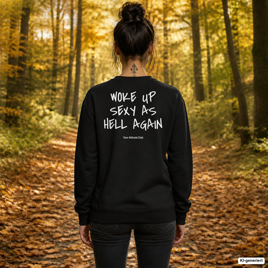 Woke up sexy as hell again – schwarzer Pullover mit weißem Backprint, Damen beim Herbstspaziergang