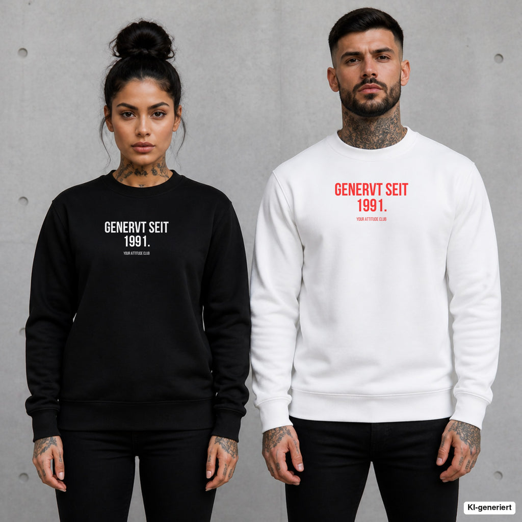 GENERVT SEIT 199X – Pullover mit Frontprint, Frau in Schwarz und Mann in Weiß vor Betonwand