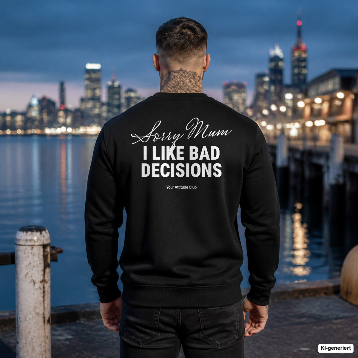 Sorry mum, I like bad decisions – schwarzer Pullover mit weißem Backprint, Herren am Hafen