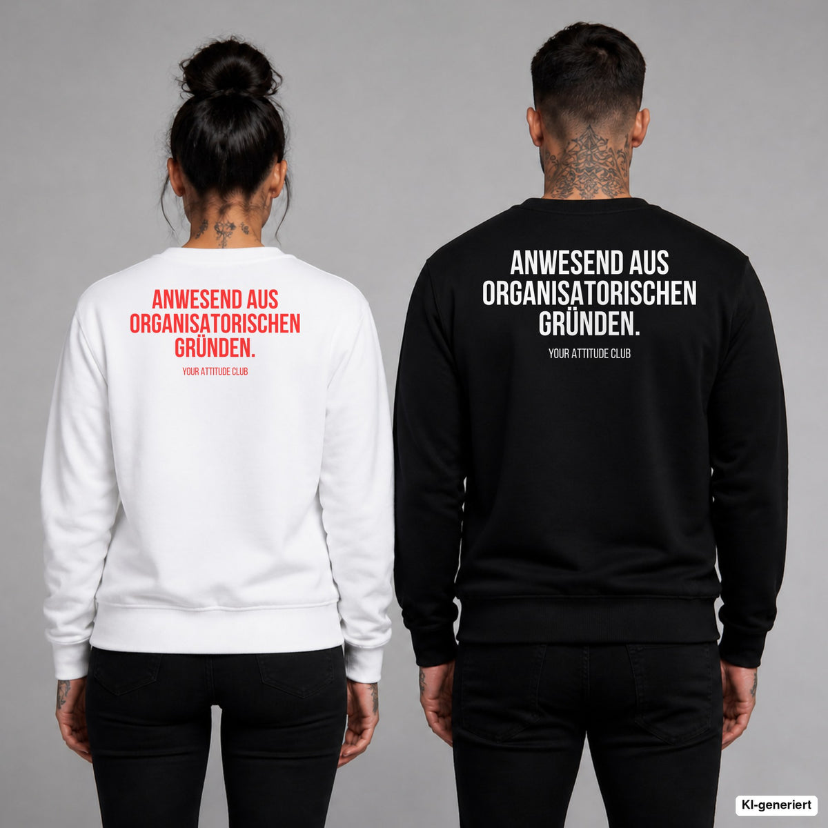 Anwesend aus organisatorischen Gründen – Pullover mit Backprint, Frau in Weiß mit rotem und Mann in Schwarz mit weißem Aufdruck