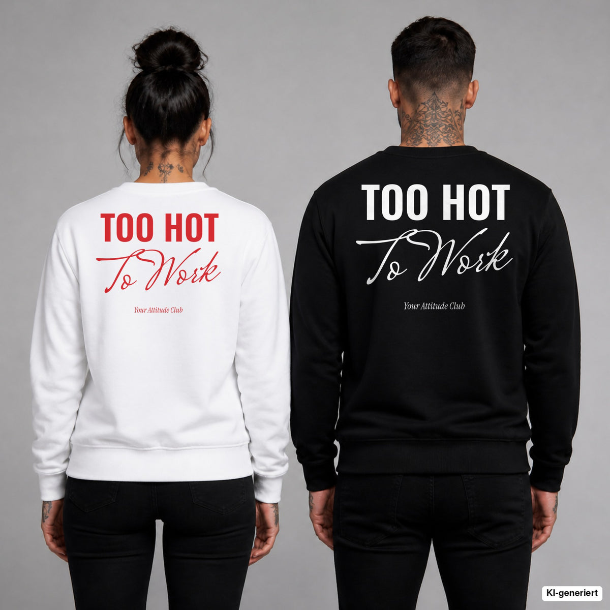 Too hot to work – Pullover mit Backprint, Frau in Weiß mit rotem und Mann in Schwarz mit weißem Aufdruck