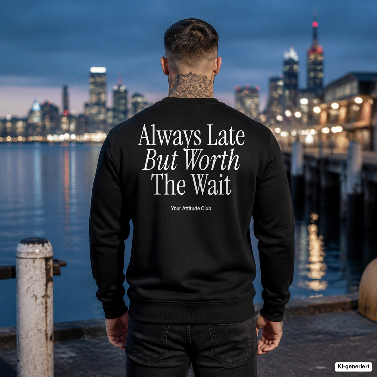 Always late but worth the wait – schwarzer Pullover mit weißem Backprint, Herren am Hafen