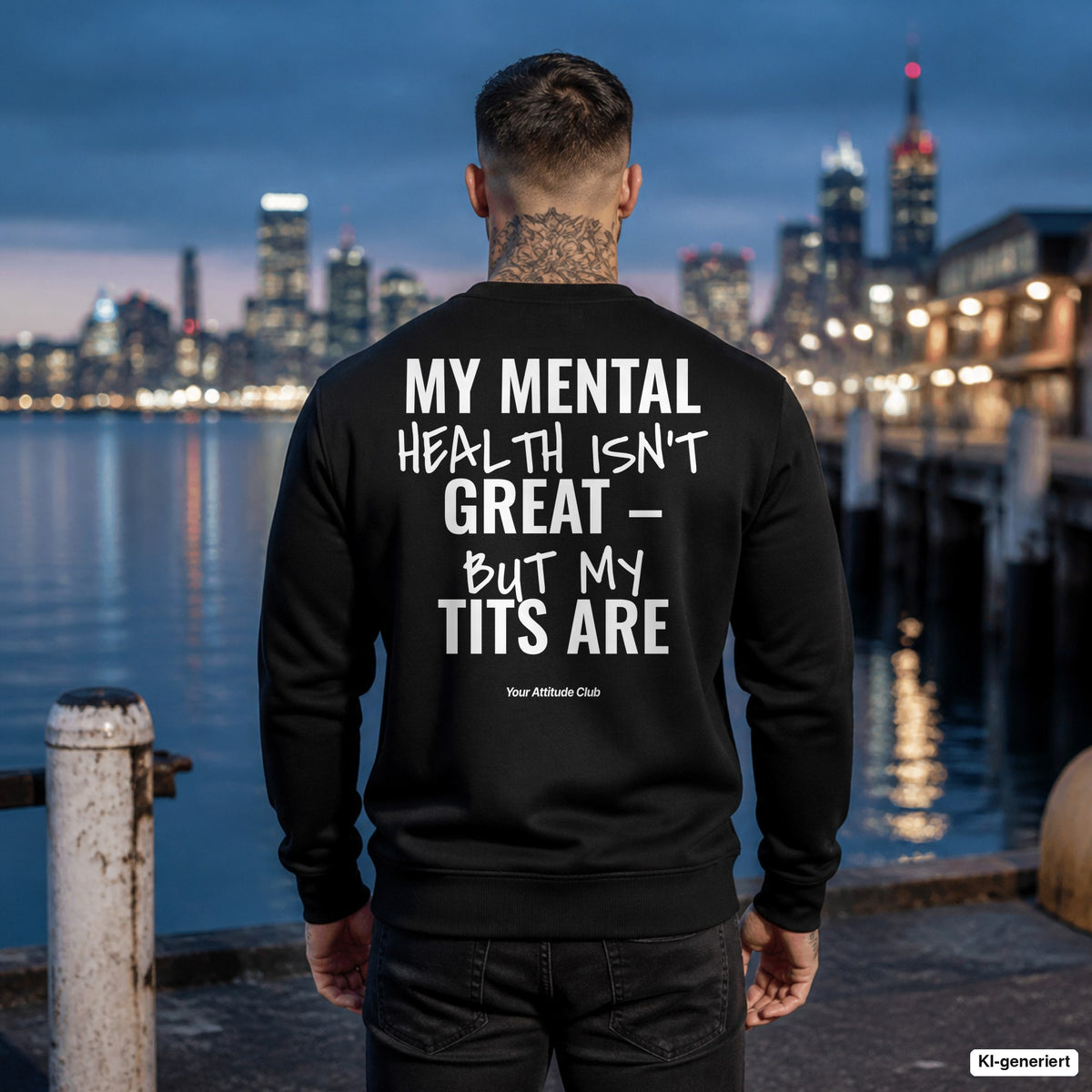 My mental health isn’t great – but my tits are – schwarzer Pullover mit weißem Backprint, Herren am Hafen