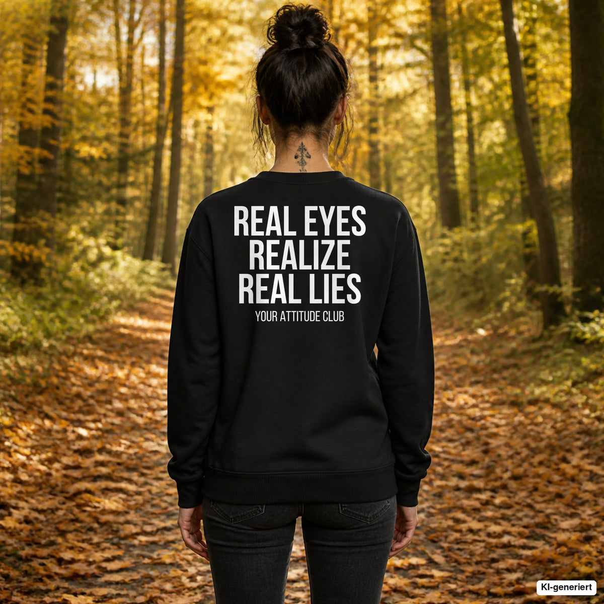 Real eyes realize real lies – schwarzer Pullover mit weißem Backprint, Damen beim Herbstspaziergang