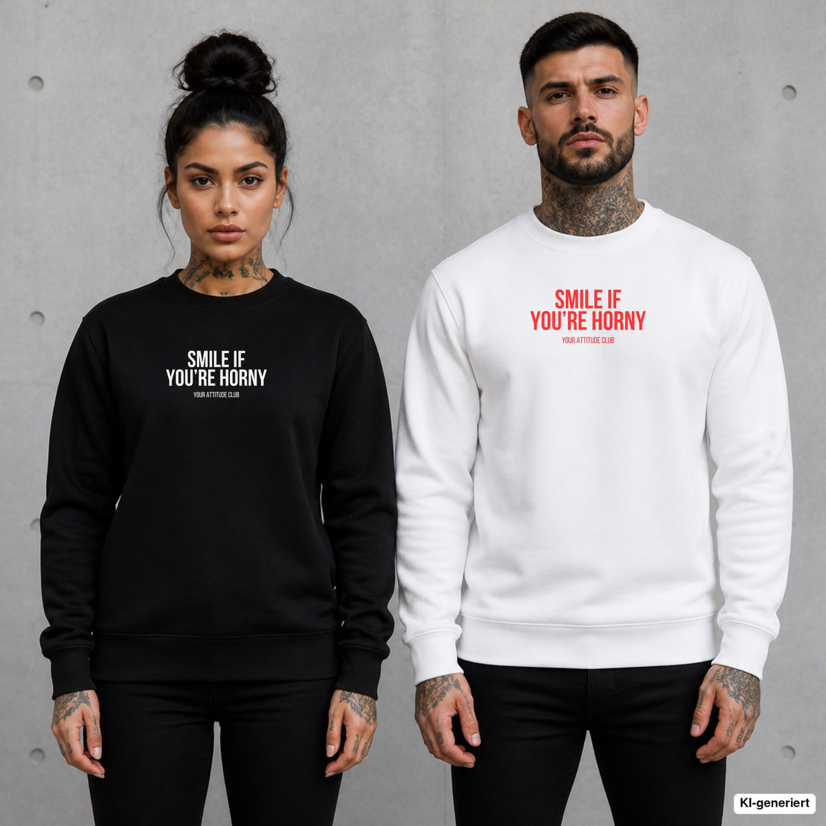 Smile if you’re horny – Pullover mit Frontprint, Frau in Schwarz und Mann in Weiß vor Betonwand