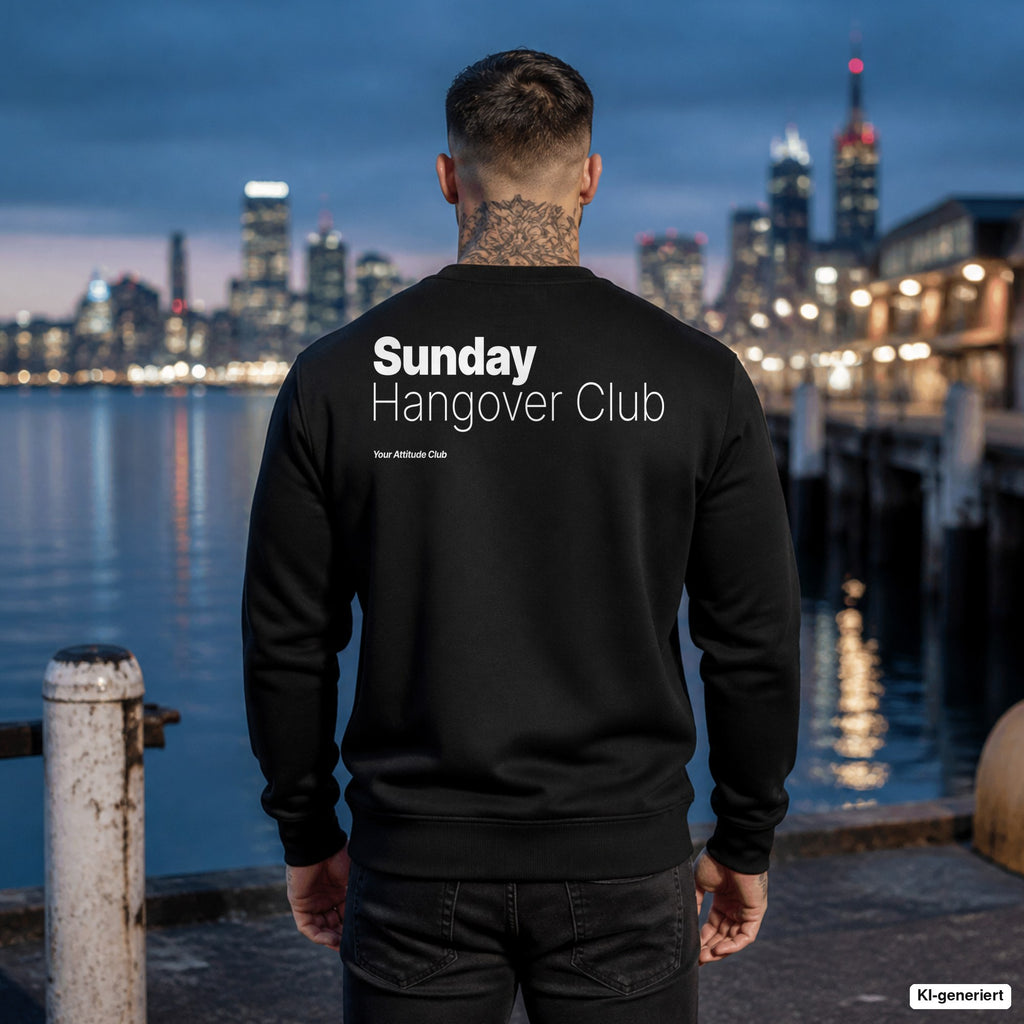 Sunday hangover club – schwarzer Pullover mit weißem Backprint, Herren am Hafen