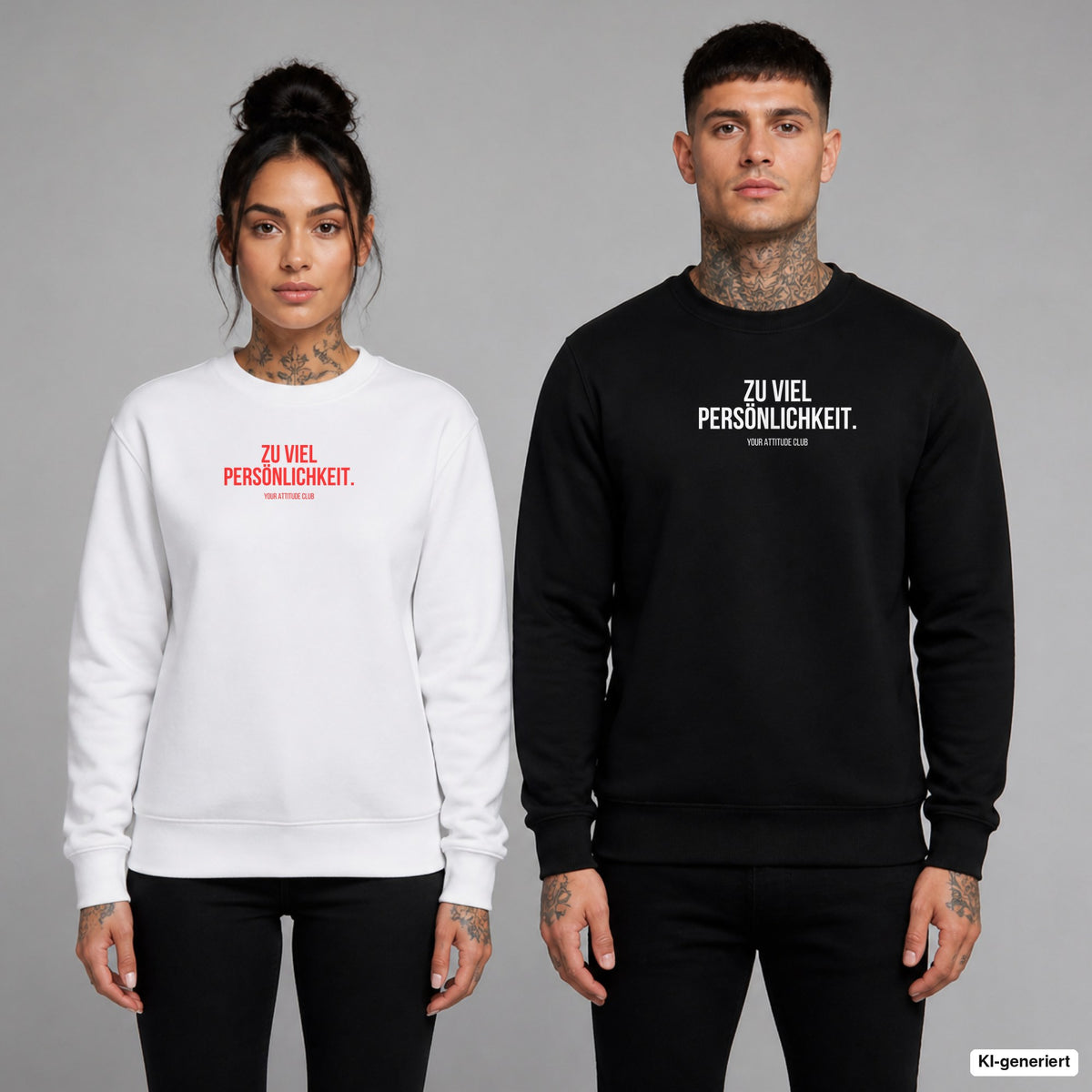 ZU VIEL PERSÖNLICHKEIT. – Pullover mit Frontprint, Frau in Weiß mit rotem und Mann in Schwarz mit weißem Aufdruck