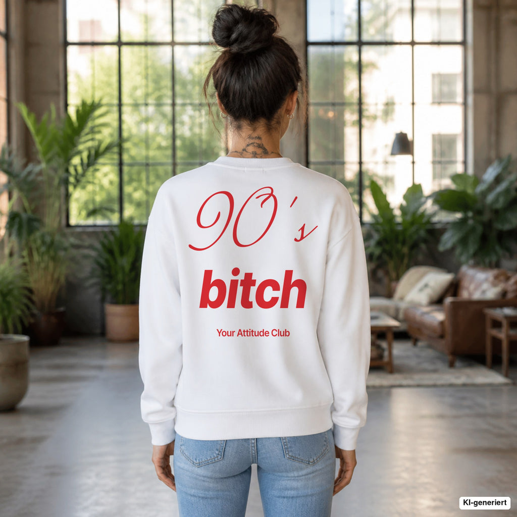 90’s bitch – weißer Pullover mit rotem Backprint, Damen im Loft