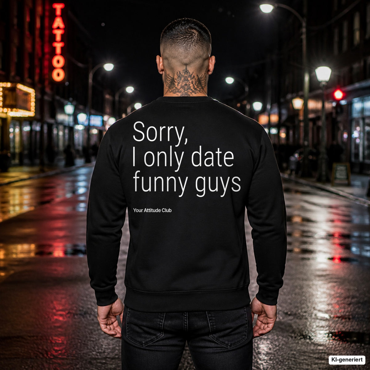Sorry, I only date funny guys – schwarzer Pullover mit weißem Backprint, Herren in der Stadt bei Nacht