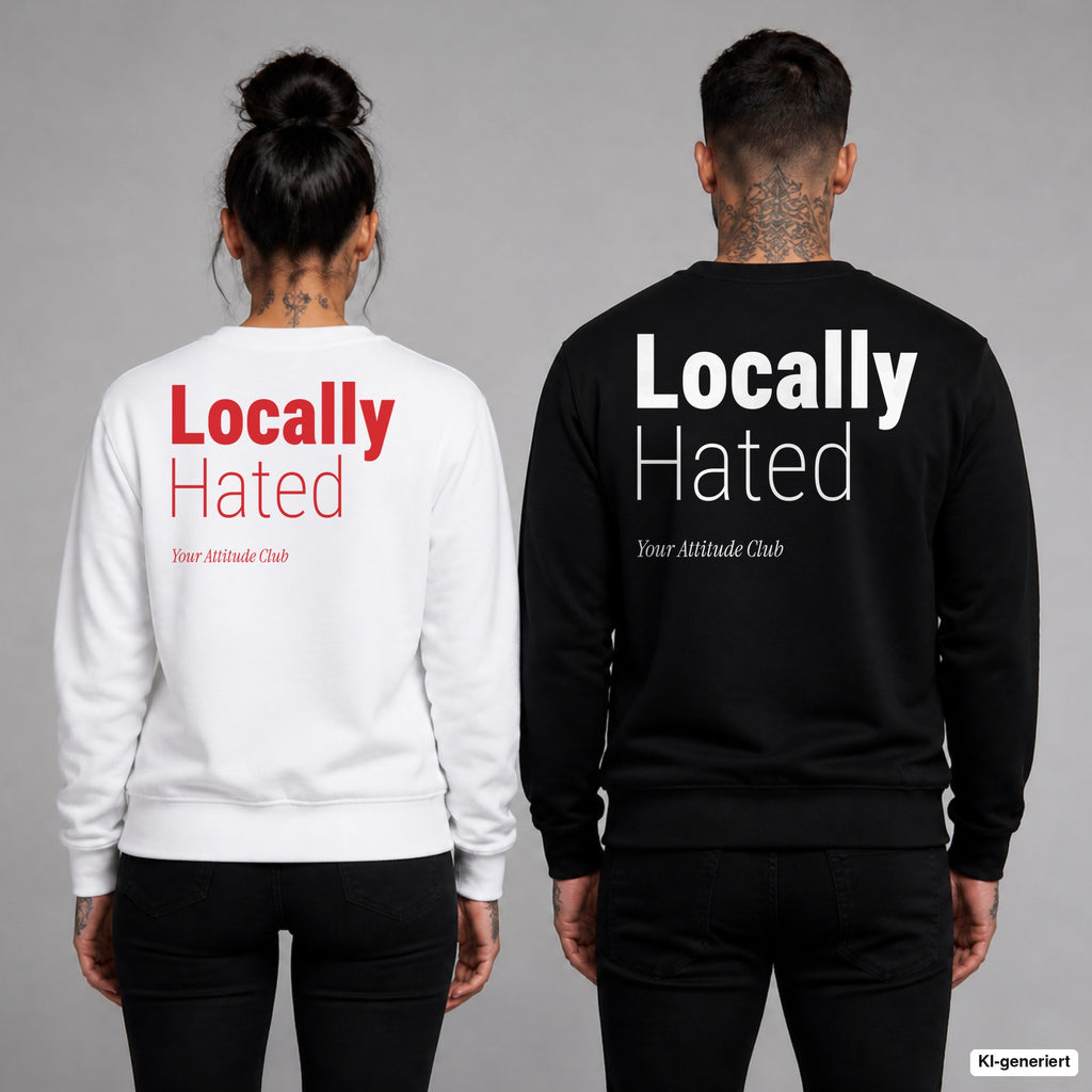Locally hated – Pullover mit Backprint, Frau in Weiß mit rotem und Mann in Schwarz mit weißem Aufdruck