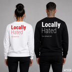 Locally hated – Pullover mit Backprint, Frau in Weiß mit rotem und Mann in Schwarz mit weißem Aufdruck