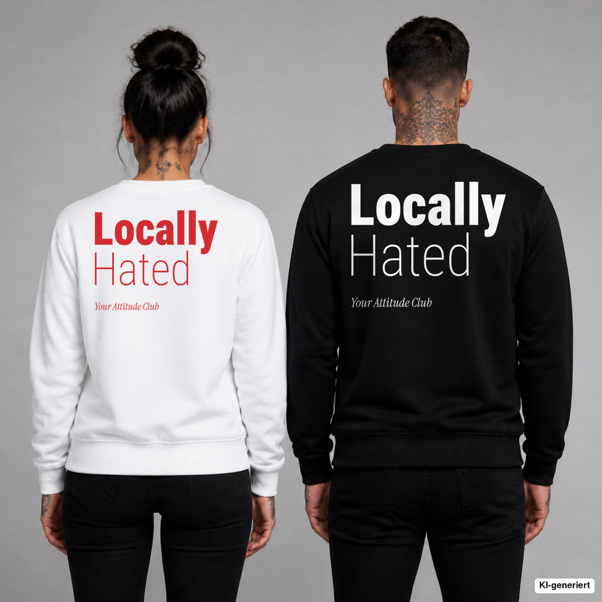 Locally hated – Pullover mit Backprint, Frau in Weiß mit rotem und Mann in Schwarz mit weißem Aufdruck