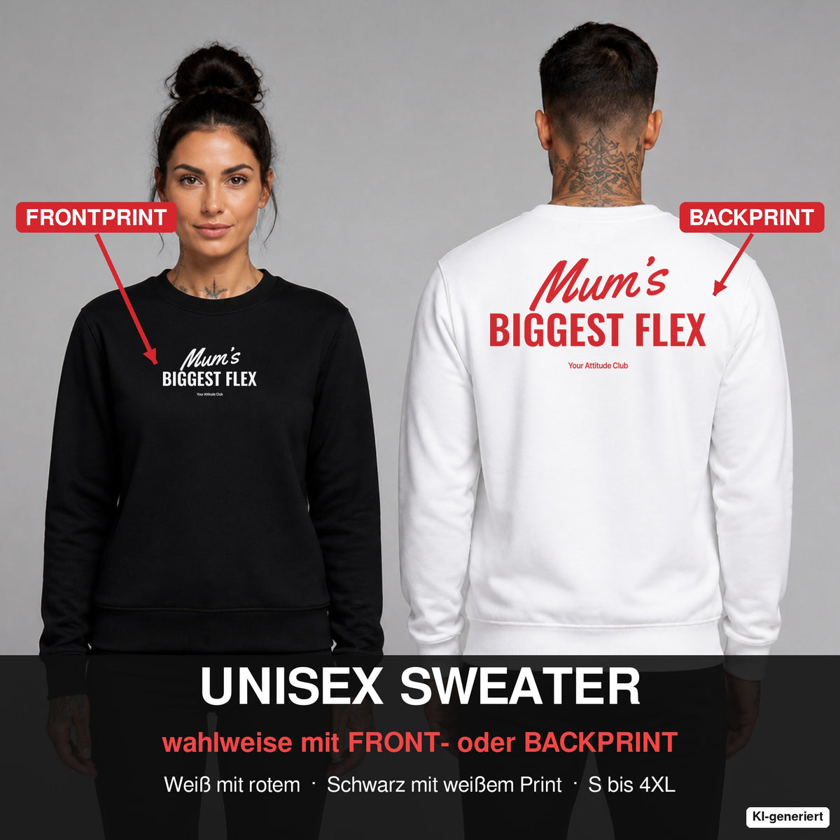 Mum’s biggest flex – Pullover wahlweise mit Frontprint oder Backprint – Frau vorne in Schwarz, Mann hinten in Weiß