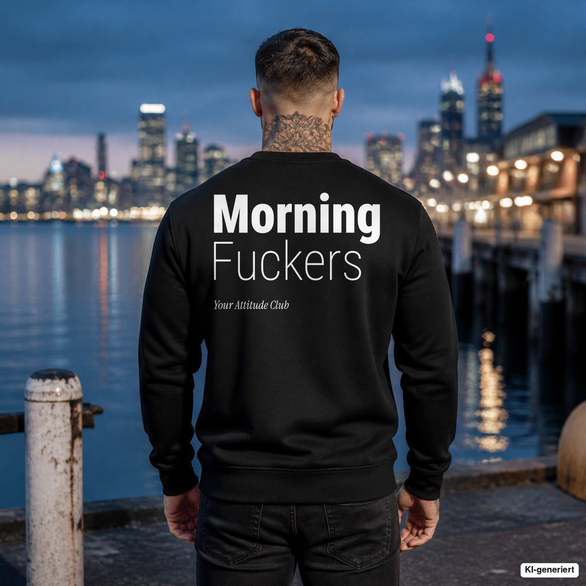 Morning fuckers – schwarzer Pullover mit weißem Backprint, Herren am Hafen