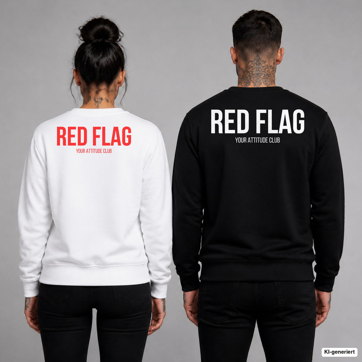 RED FLAG – Pullover mit Backprint, Frau in Weiß mit rotem und Mann in Schwarz mit weißem Aufdruck
