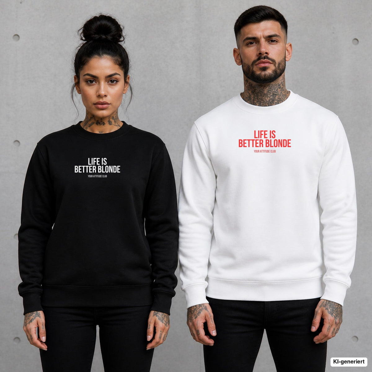 Life is better blonde – Pullover mit Frontprint, Frau in Schwarz und Mann in Weiß vor Betonwand