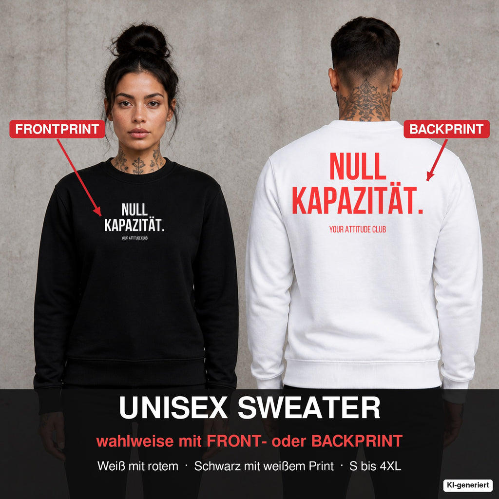 NULL KAPAZITÄT. – Pullover wahlweise mit Front- oder Backprint, Paar vor Betonwand