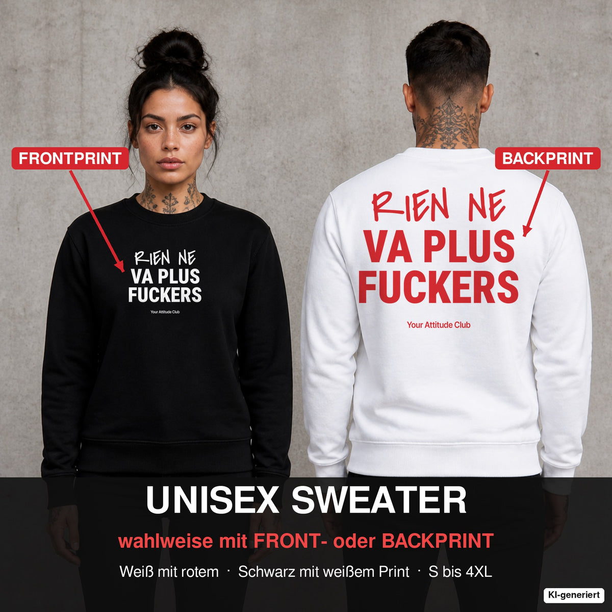 Rien ne va plus, fuckers – Pullover wahlweise mit Front- oder Backprint, Paar vor Betonwand