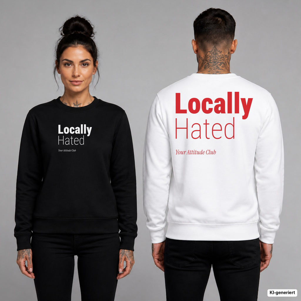 Locally hated – Pullover unisex mit Frontprint (Frau, Schwarz) und Backprint (Mann, Weiß)
