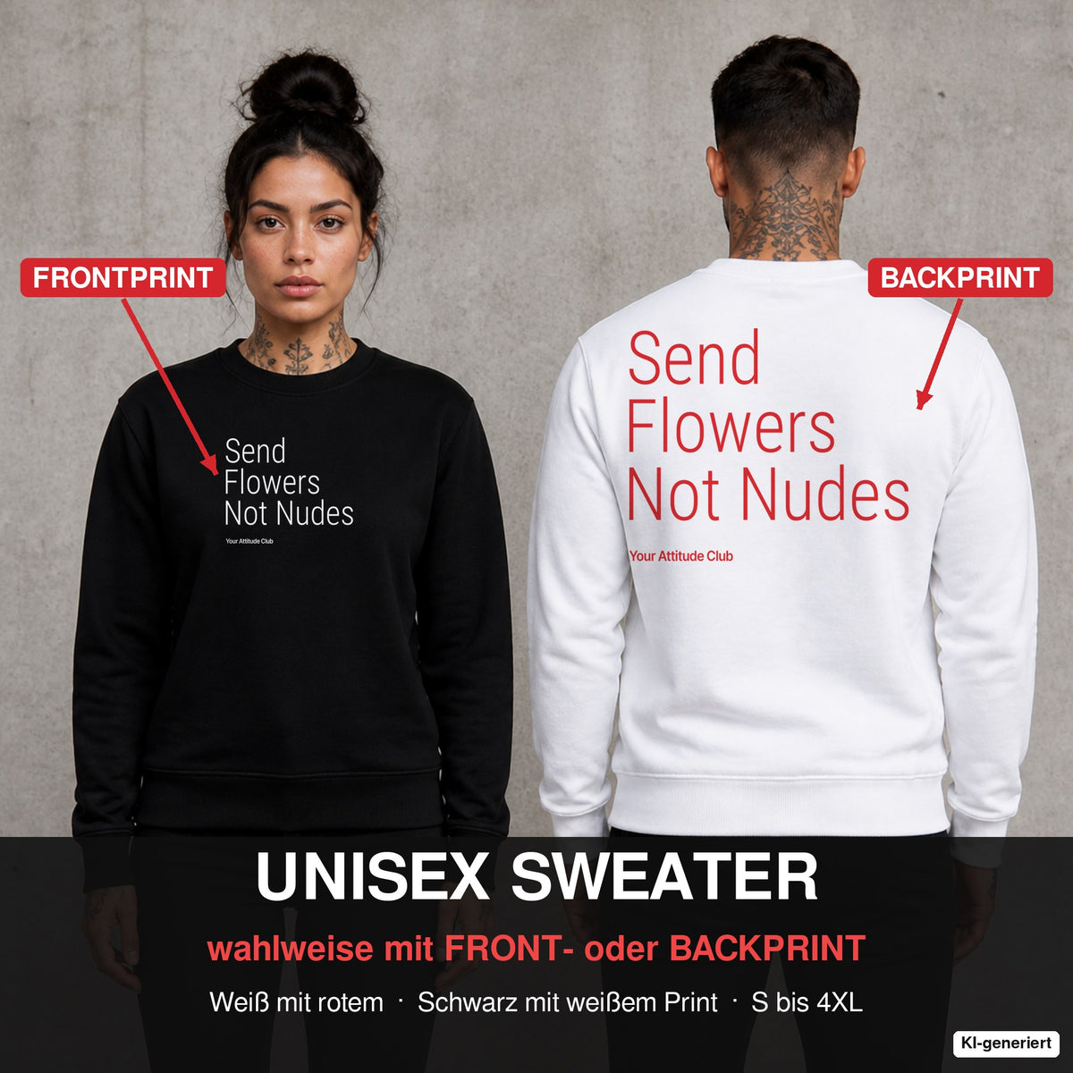 Send flowers, not nudes – Pullover wahlweise mit Front- oder Backprint, Paar vor Betonwand