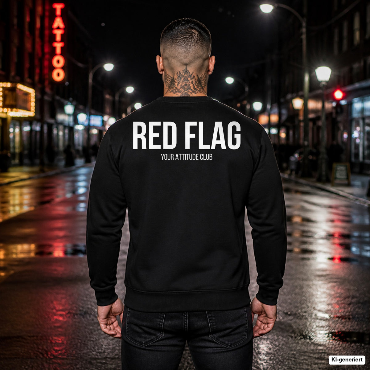 RED FLAG – schwarzer Pullover mit weißem Backprint, Herren in der Stadt bei Nacht