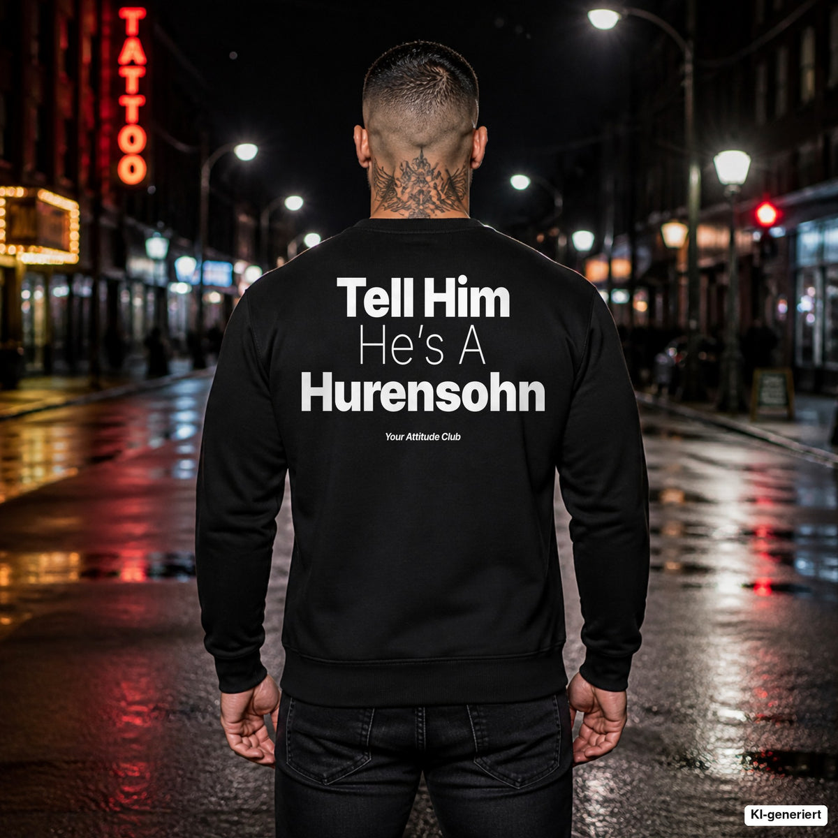 Tell him he’s a Hurensohn – schwarzer Pullover mit weißem Backprint, Herren in der Stadt bei Nacht