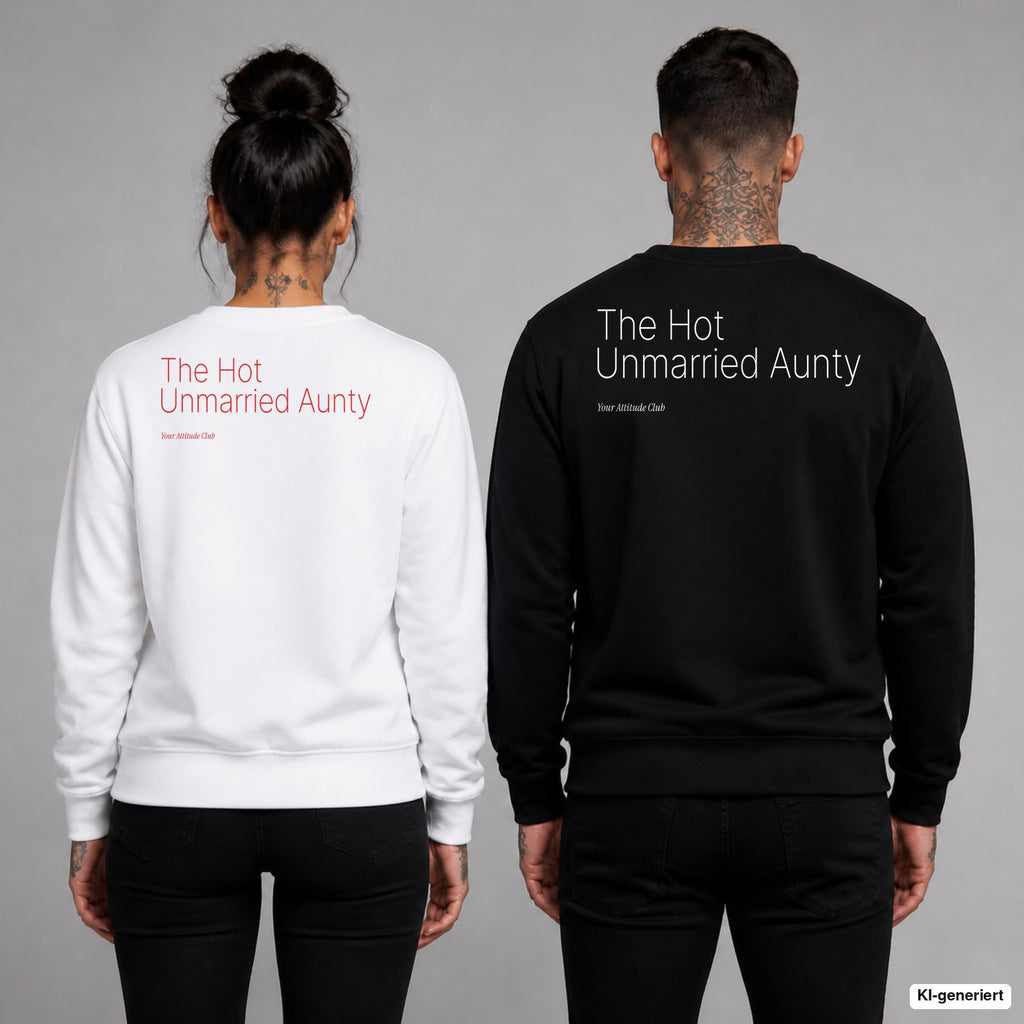 The hot unmarried aunty – Pullover mit Backprint, Frau in Weiß mit rotem und Mann in Schwarz mit weißem Aufdruck