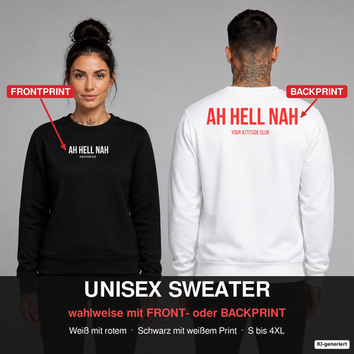 AH HELL NAH – Pullover wahlweise mit Frontprint oder Backprint – Frau vorne in Schwarz, Mann hinten in Weiß
