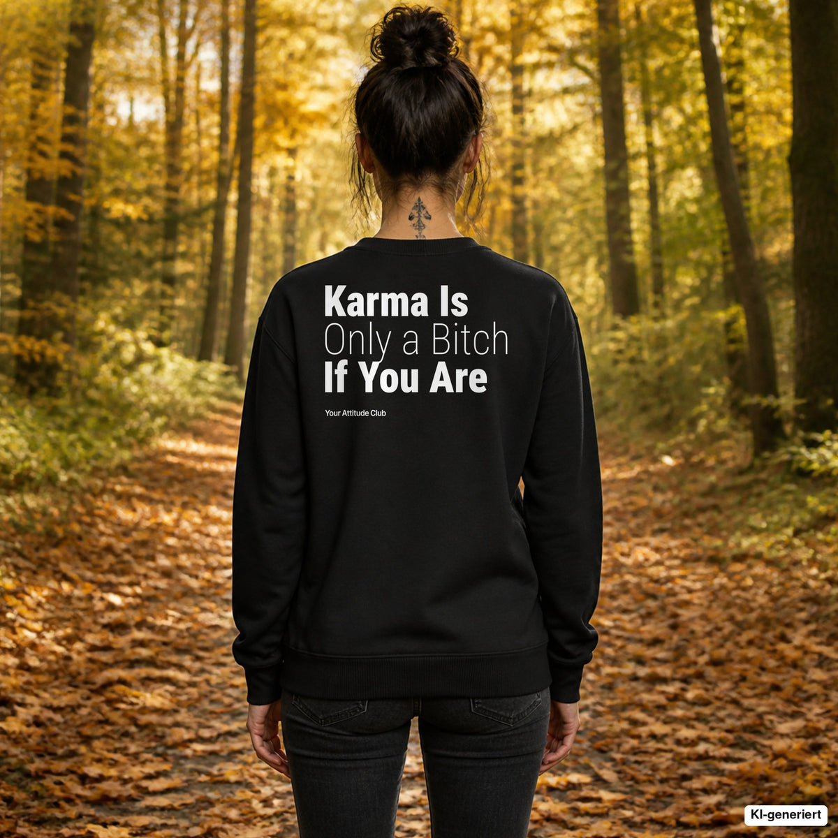 Karma is only a bitch if you are – schwarzer Pullover mit weißem Backprint, Damen beim Herbstspaziergang