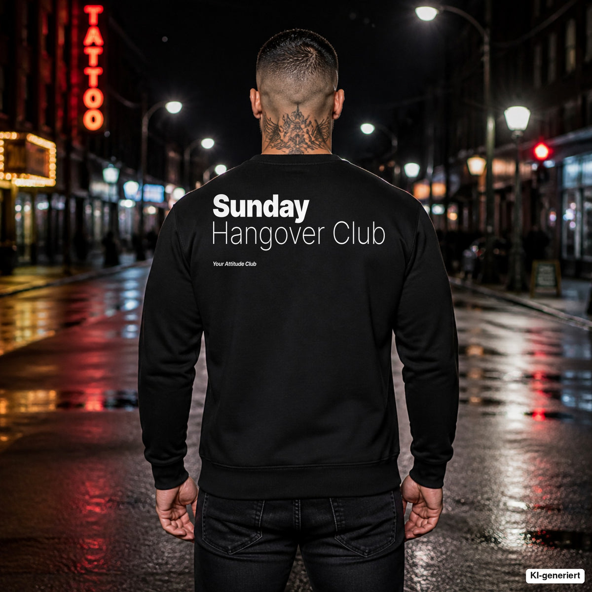 Sunday hangover club – schwarzer Pullover mit weißem Backprint, Herren in der Stadt bei Nacht