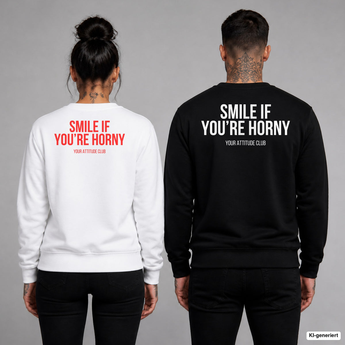 Smile if you’re horny – Pullover mit Backprint, Frau in Weiß mit rotem und Mann in Schwarz mit weißem Aufdruck