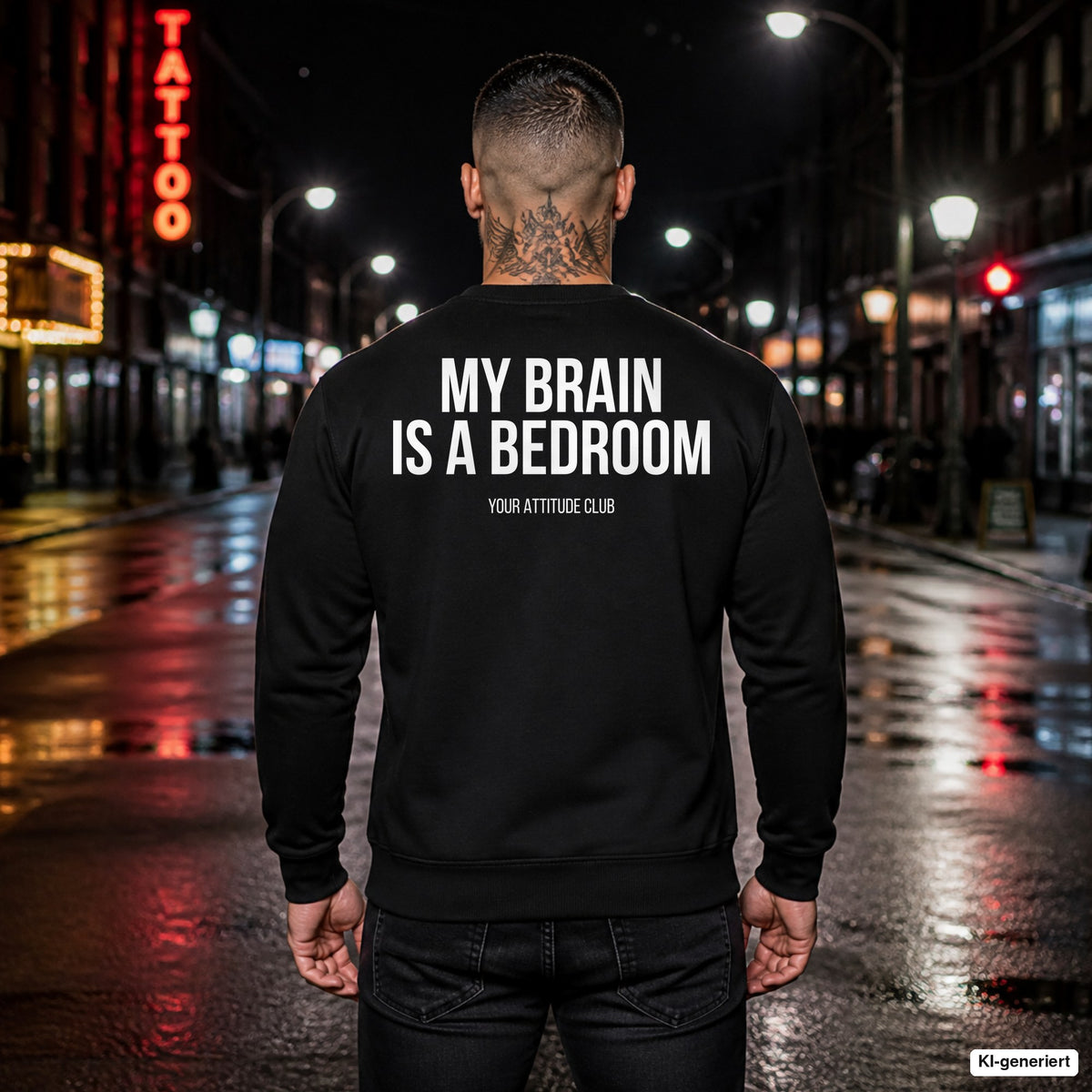 My brain is a bedroom – schwarzer Pullover mit weißem Backprint, Herren in der Stadt bei Nacht