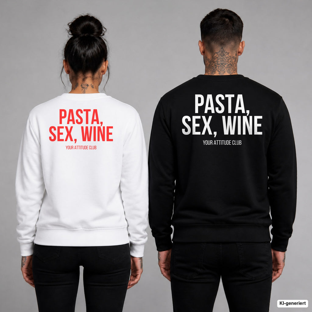 PASTA, SEX, WINE – Pullover mit Backprint, Frau in Weiß mit rotem und Mann in Schwarz mit weißem Aufdruck