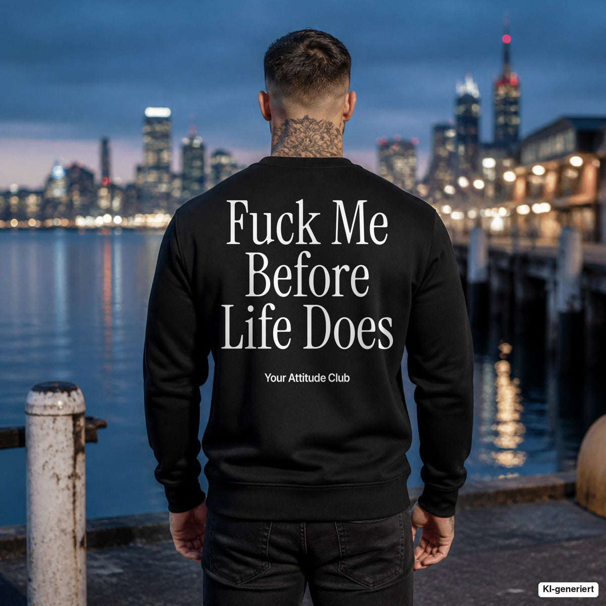 Fuck me before life does – schwarzer Pullover mit weißem Backprint, Herren am Hafen
