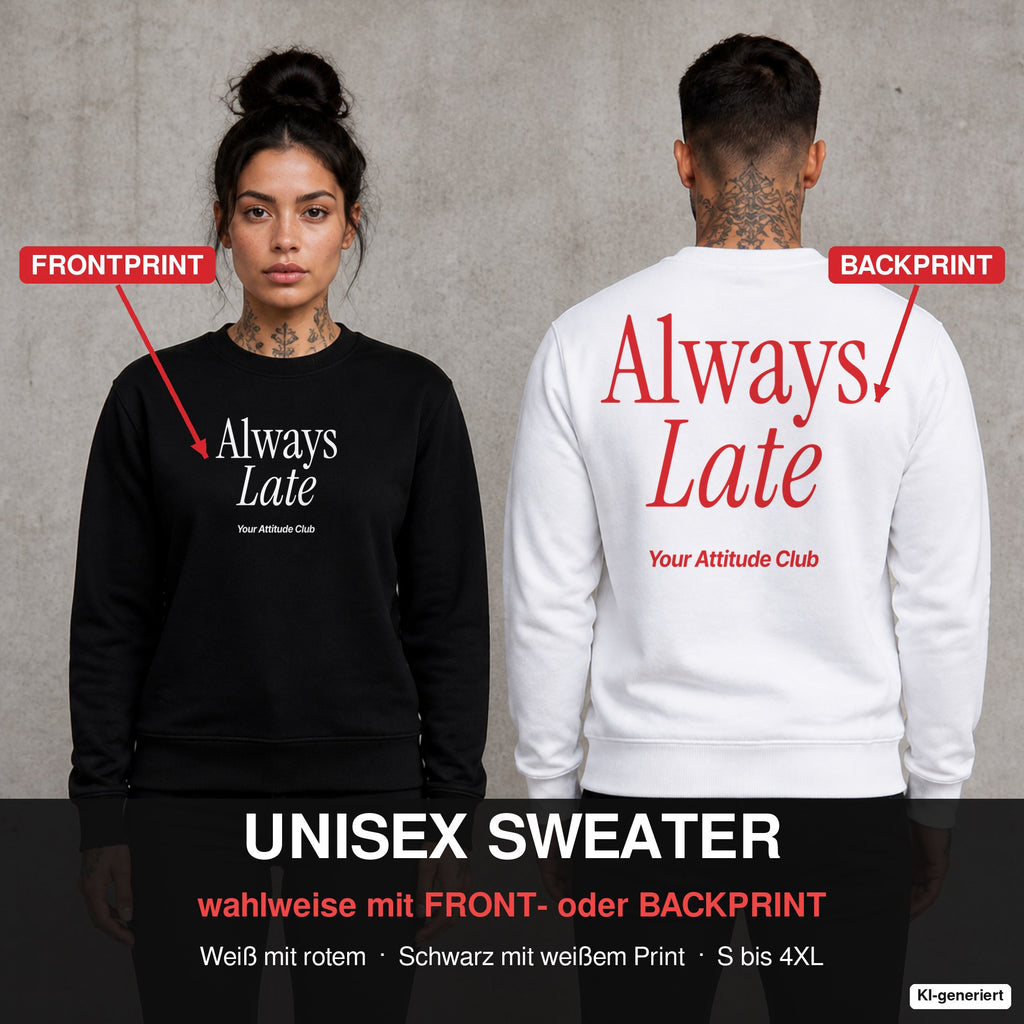 Always late – Pullover wahlweise mit Front- oder Backprint, Paar vor Betonwand