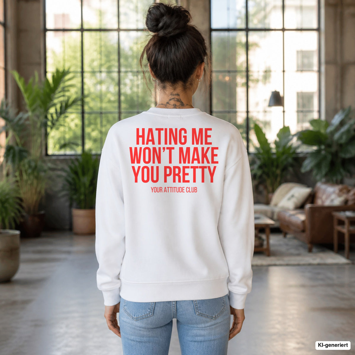 Hating me won’t make you pretty – weißer Pullover mit rotem Backprint, Damen im Loft