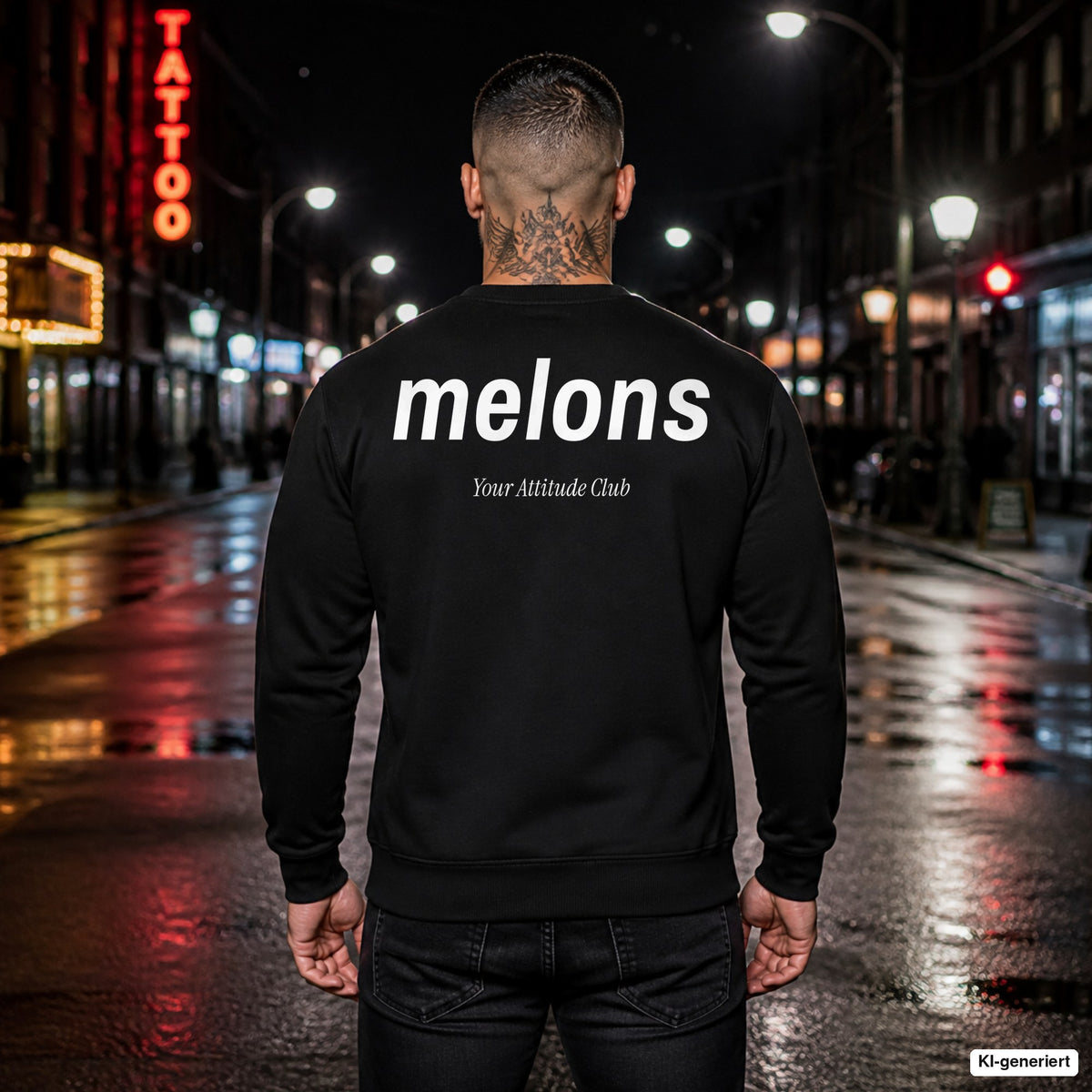 Melons – schwarzer Pullover mit weißem Backprint, Herren in der Stadt bei Nacht